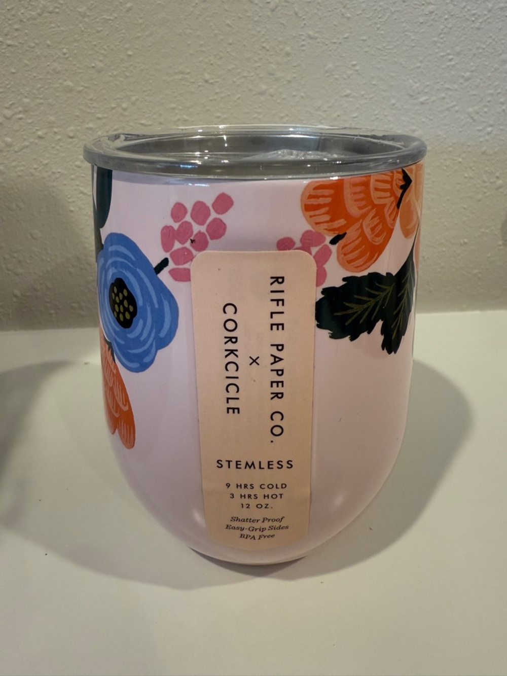 NWT Rifle Paper x Corksickle Insulated Stemless Wine Cup, Light Pink